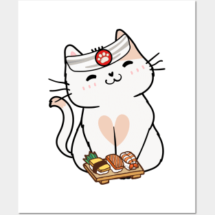 Funny white cat is a sushi chef Posters and Art